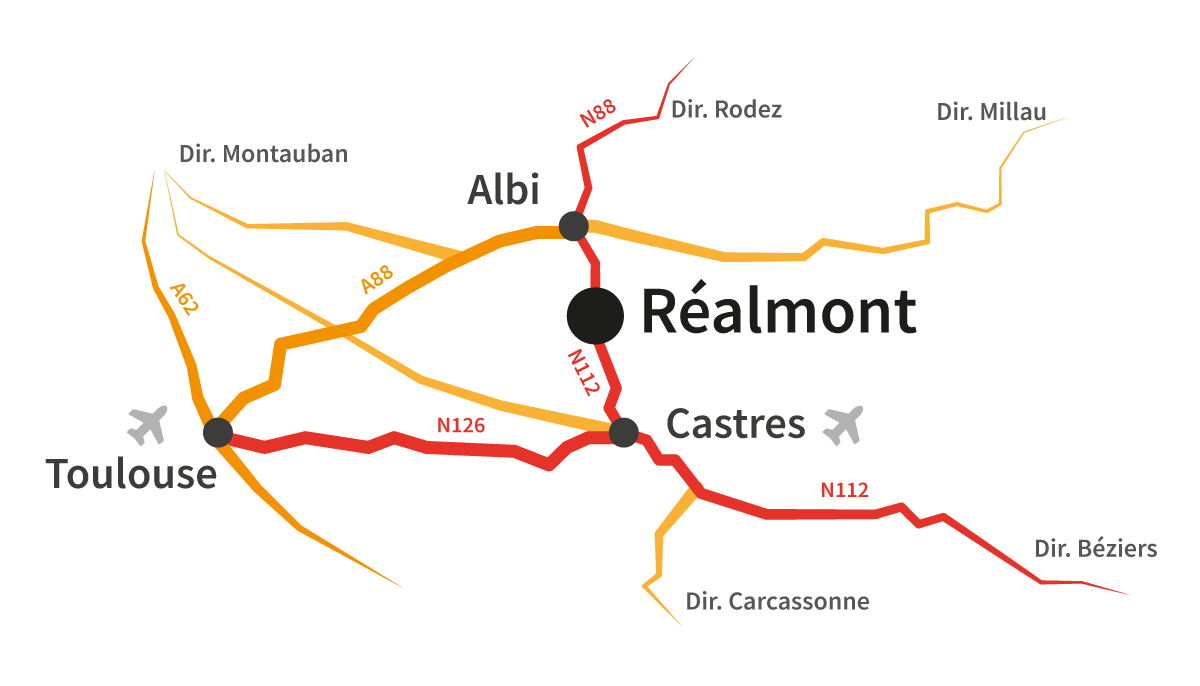 Plan d'accès à Réalmont, aux environs de Toulouse, entre Albi et Castres. Proche de Montauban, Rodez, Millau, Béziers et Carcassonne