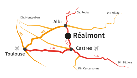 Plan d'accès à Réalmont, aux environs de Toulouse, entre Albi et Castres. Proche de Montauban, Rodez, Millau, Béziers et Carcassonne